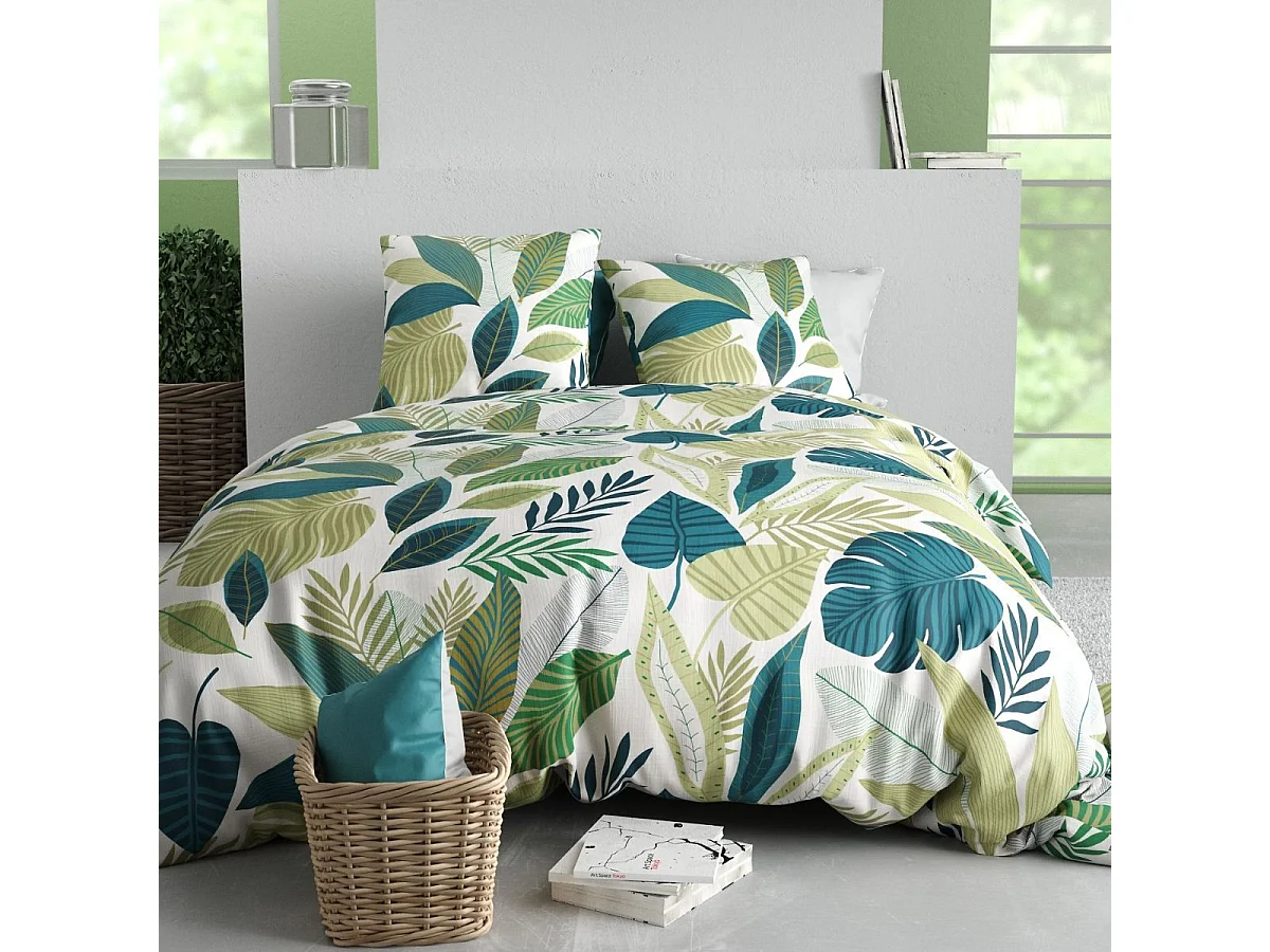 Parure housse de couette 260x240cm + 2 taies motif tropical vert et blanc 100% coton - PIKILIA