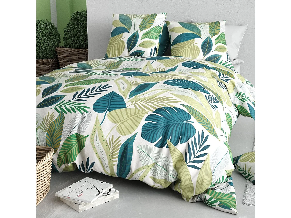 Parure housse de couette 260x240cm + 2 taies motif tropical vert et blanc 100% coton - PIKILIA