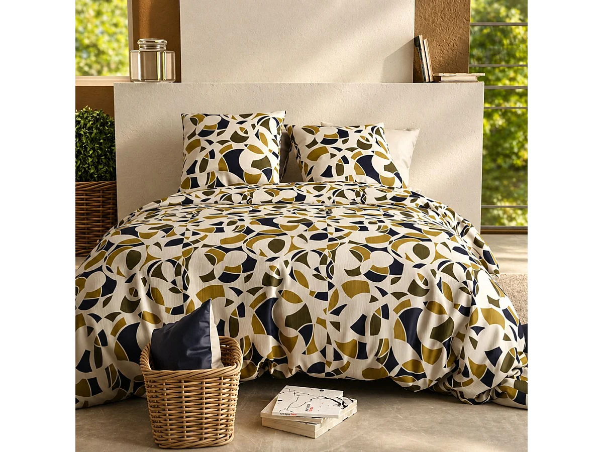 Parure housse de couette 240x220cm + 2 taies motif ethnique ecru et kaki 100% coton - LEEKYO