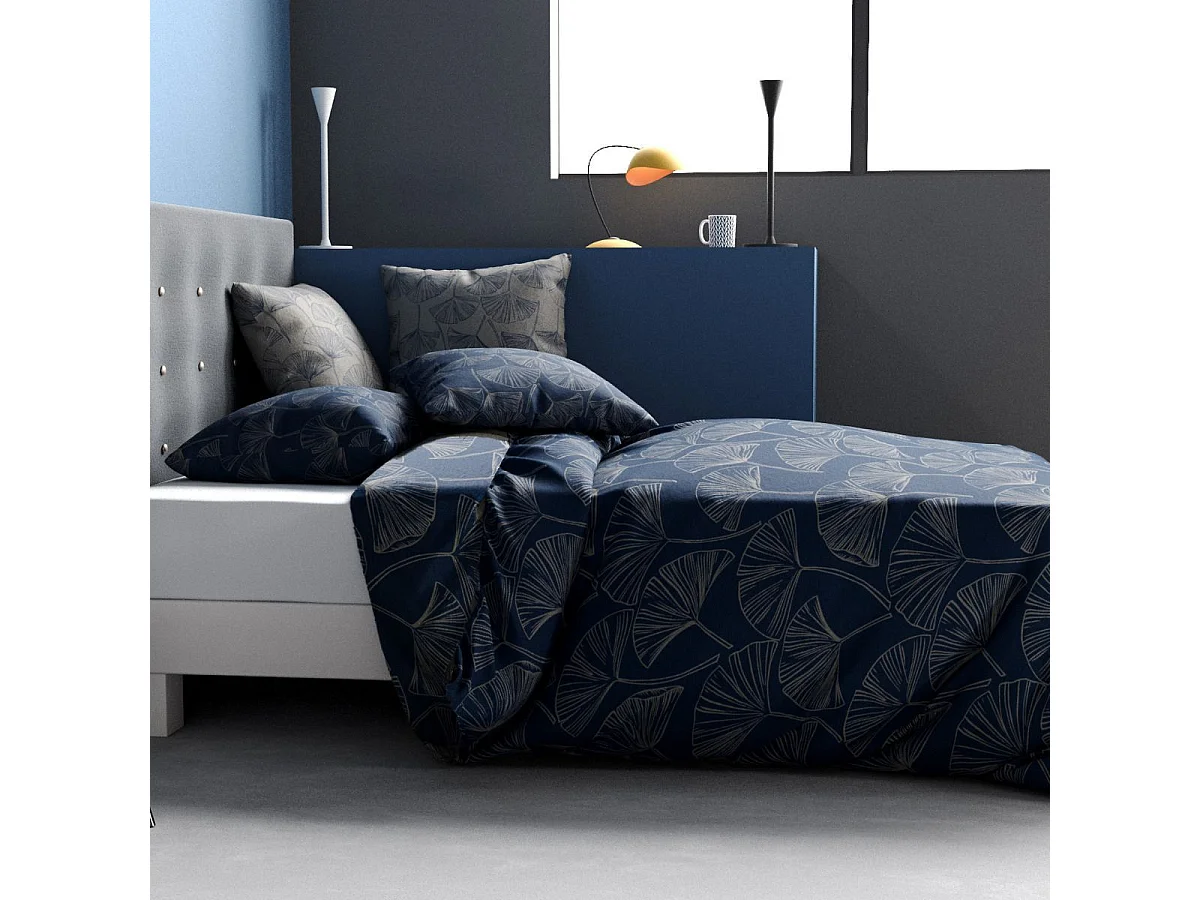 Parure housse de couette 240x220cm + 2 taies motif feuillage ginko bleu et gris 100% coton - EDONIE