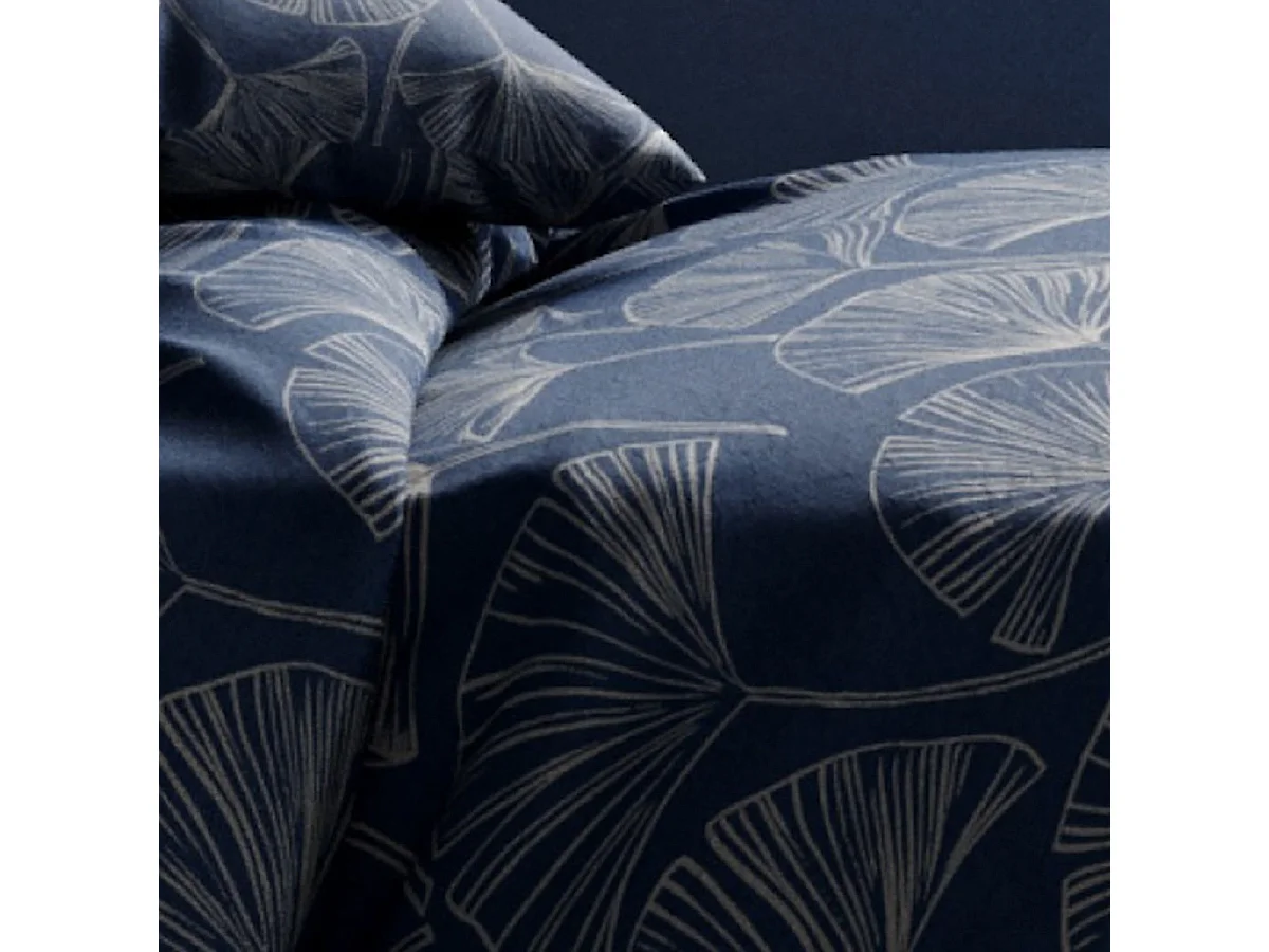 Parure housse de couette 240x220cm + 2 taies motif feuillage ginko bleu et gris 100% coton - EDONIE