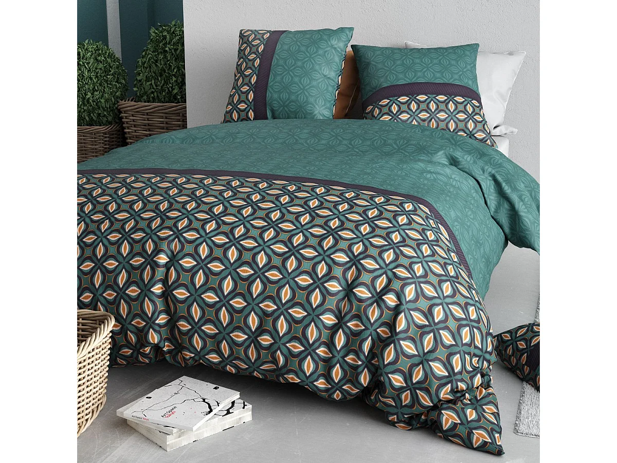 Parure housse de couette 240x220cm + 2 taies motif art-déco vert 100% coton - SALMAN