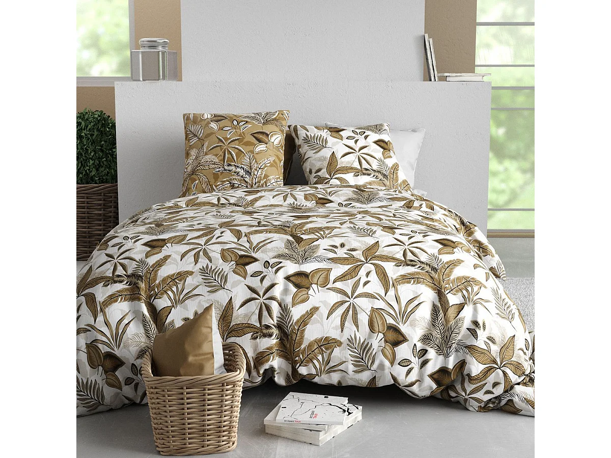 Parure housse de couette 260x240cm + 2 taies motif exotique blanc et beige 100% coton - NAHELI