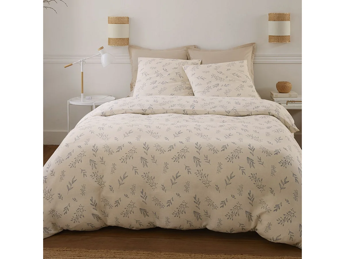 Parure housse de couette 240x220cm + 2 taies motif petites fleurs beige 100% gaze de coton - VEOLIS