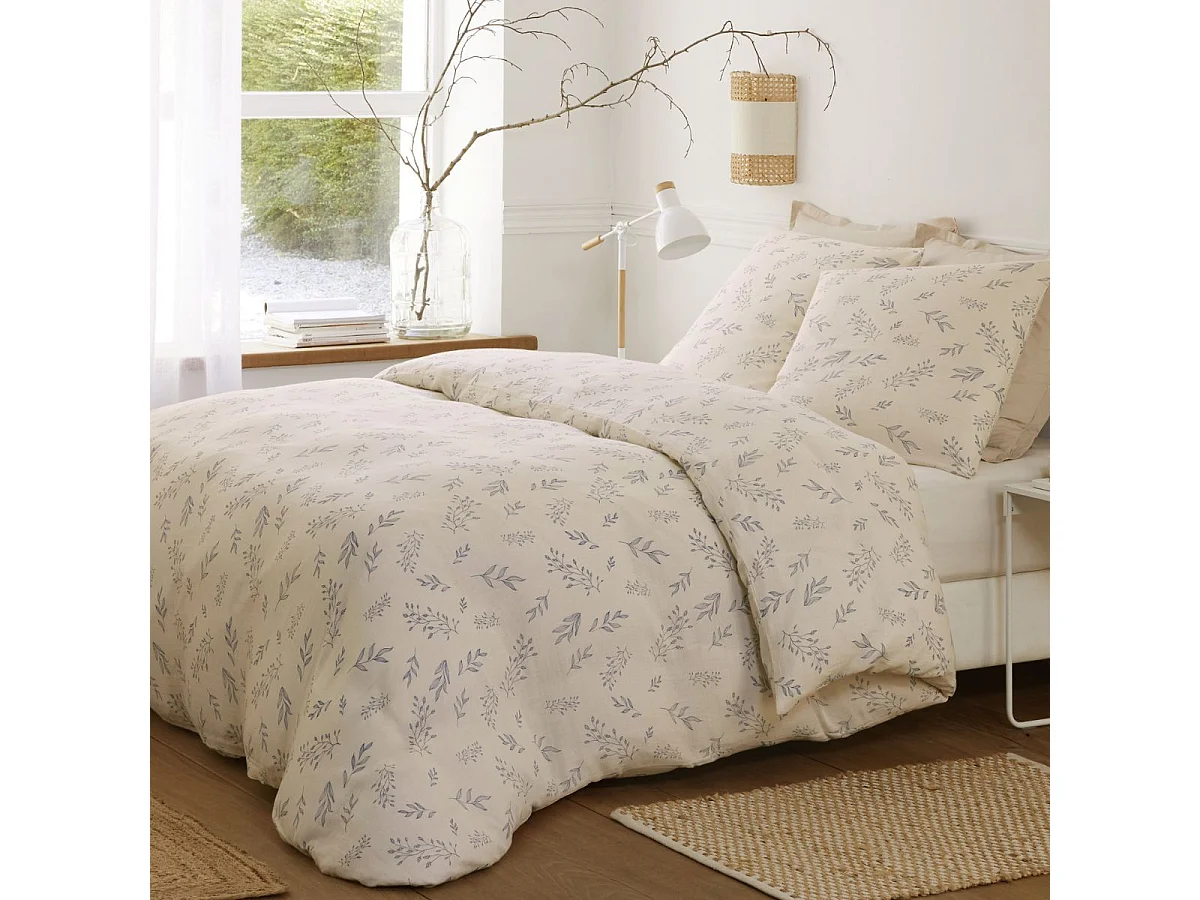 Parure housse de couette 240x220cm + 2 taies motif petites fleurs beige 100% gaze de coton - VEOLIS