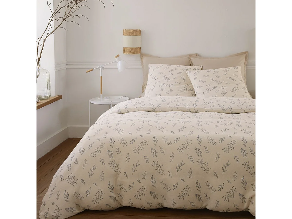 Parure housse de couette 240x220cm + 2 taies motif petites fleurs beige 100% gaze de coton - VEOLIS