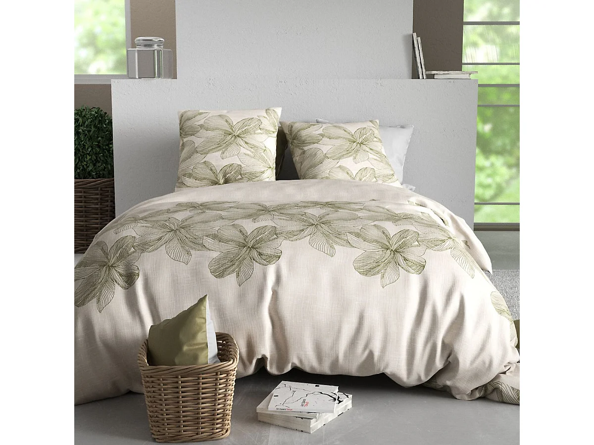 Parure housse de couette 260x240cm + 2 taies motif fleurs beige et vert 100% coton - ARTUS