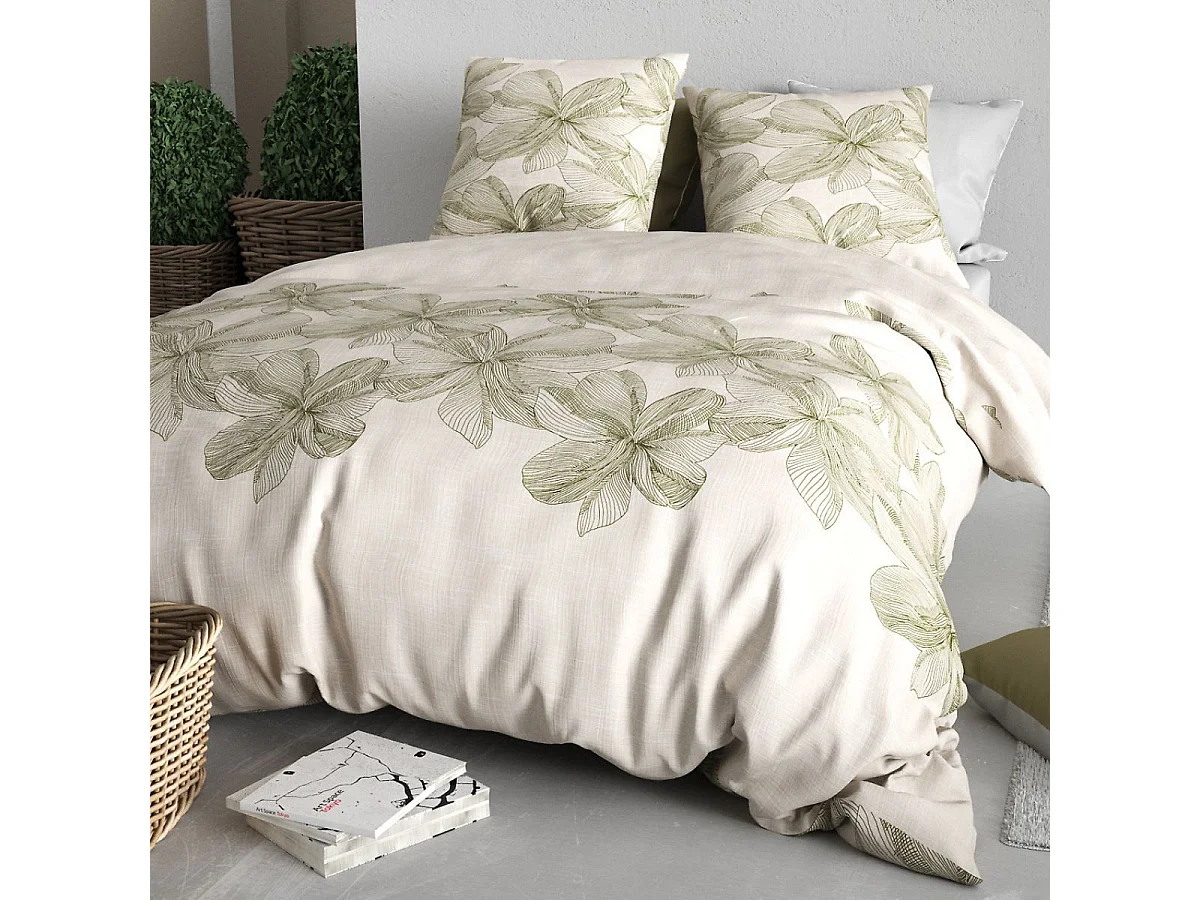 Parure housse de couette 260x240cm + 2 taies motif fleurs beige et vert 100% coton - ARTUS