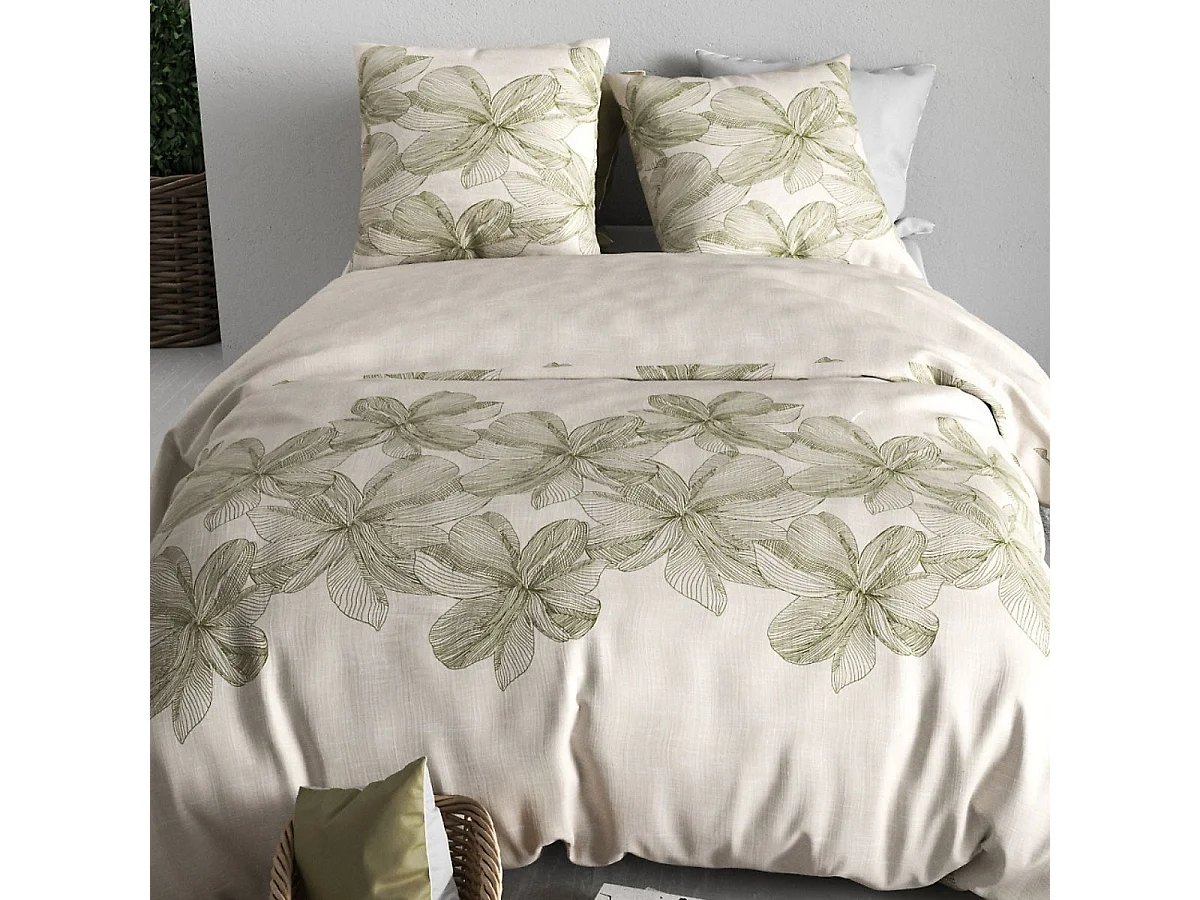 Parure housse de couette 260x240cm + 2 taies motif fleurs beige et vert 100% coton - ARTUS