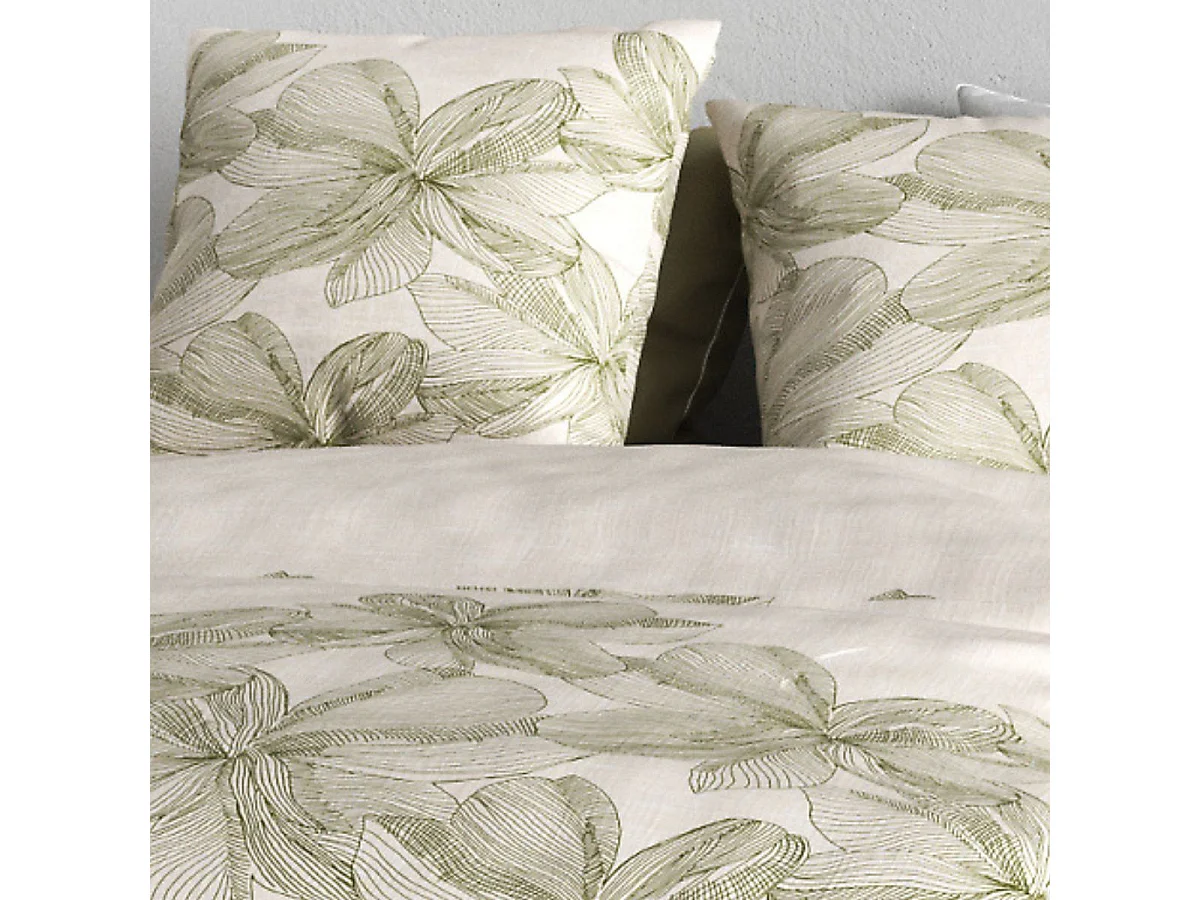 Parure housse de couette 260x240cm + 2 taies motif fleurs beige et vert 100% coton - ARTUS