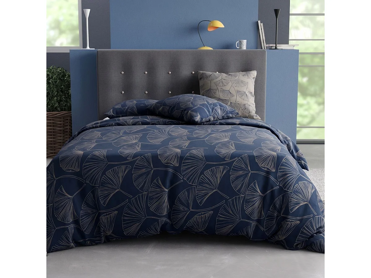 Parure housse de couette 260x240cm + 2 taies motif feuillage ginko bleu et gris 100% coton - EDONIE