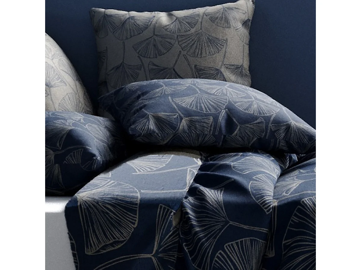 Parure housse de couette 260x240cm + 2 taies motif feuillage ginko bleu et gris 100% coton - EDONIE