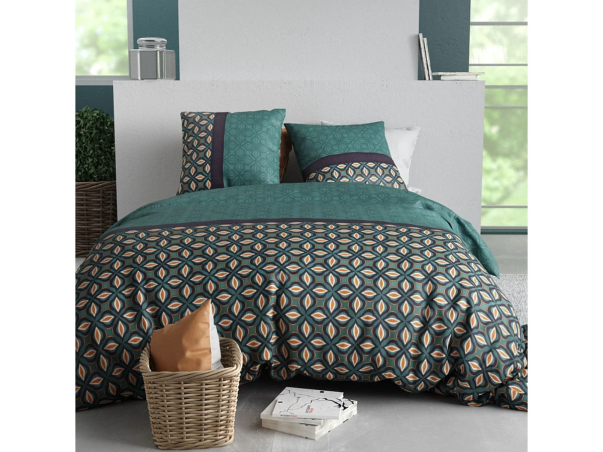 Parure housse de couette 260x240cm + 2 taies motif art-déco vert 100% coton - SALMAN