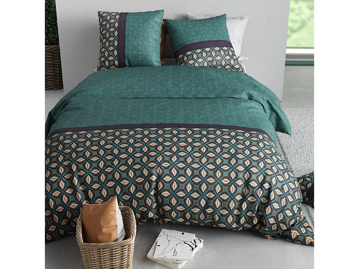 Parure housse de couette 260x240cm + 2 taies motif art-déco vert 100% coton - SALMAN