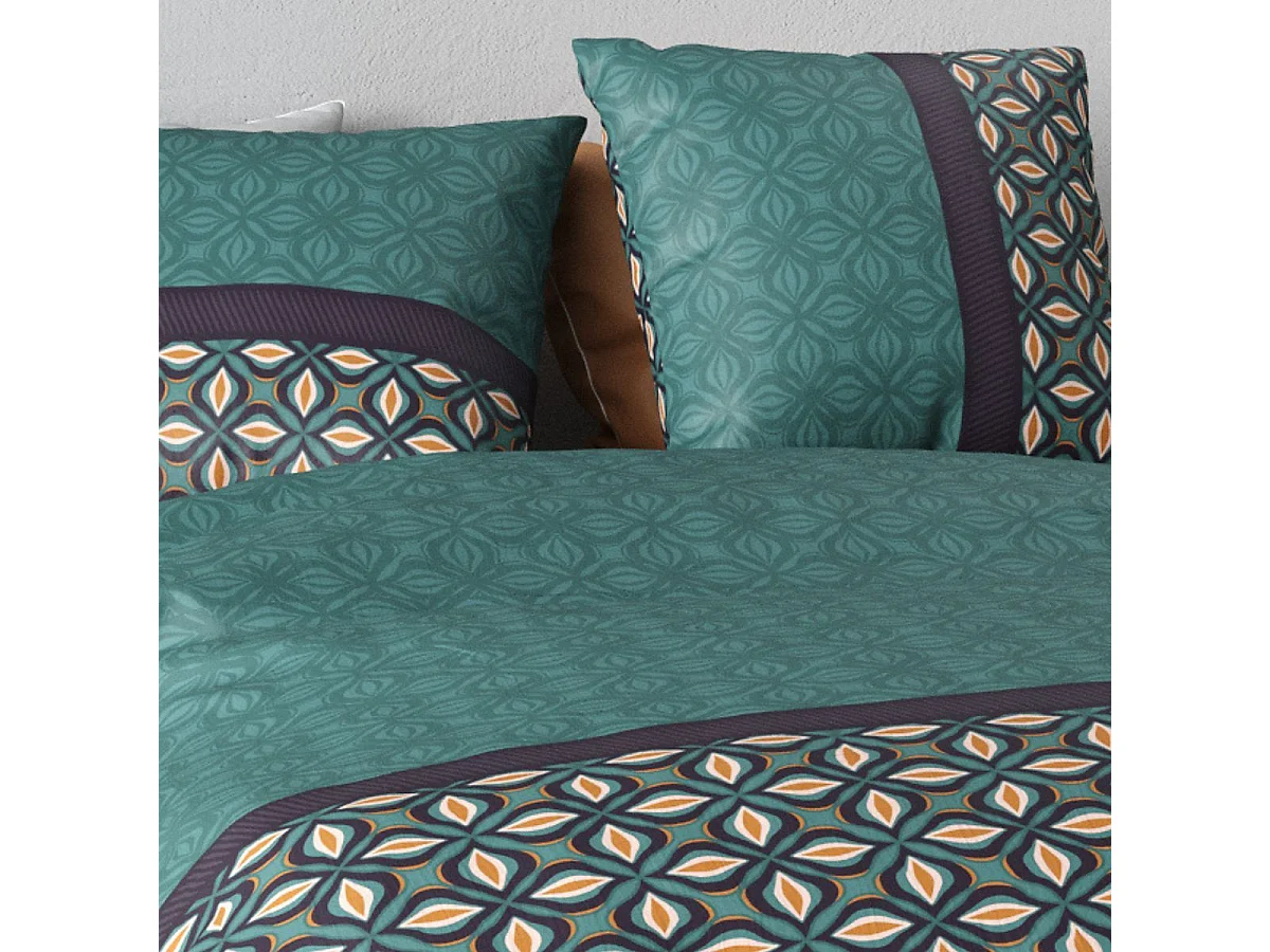 Parure housse de couette 260x240cm + 2 taies motif art-déco vert 100% coton - SALMAN
