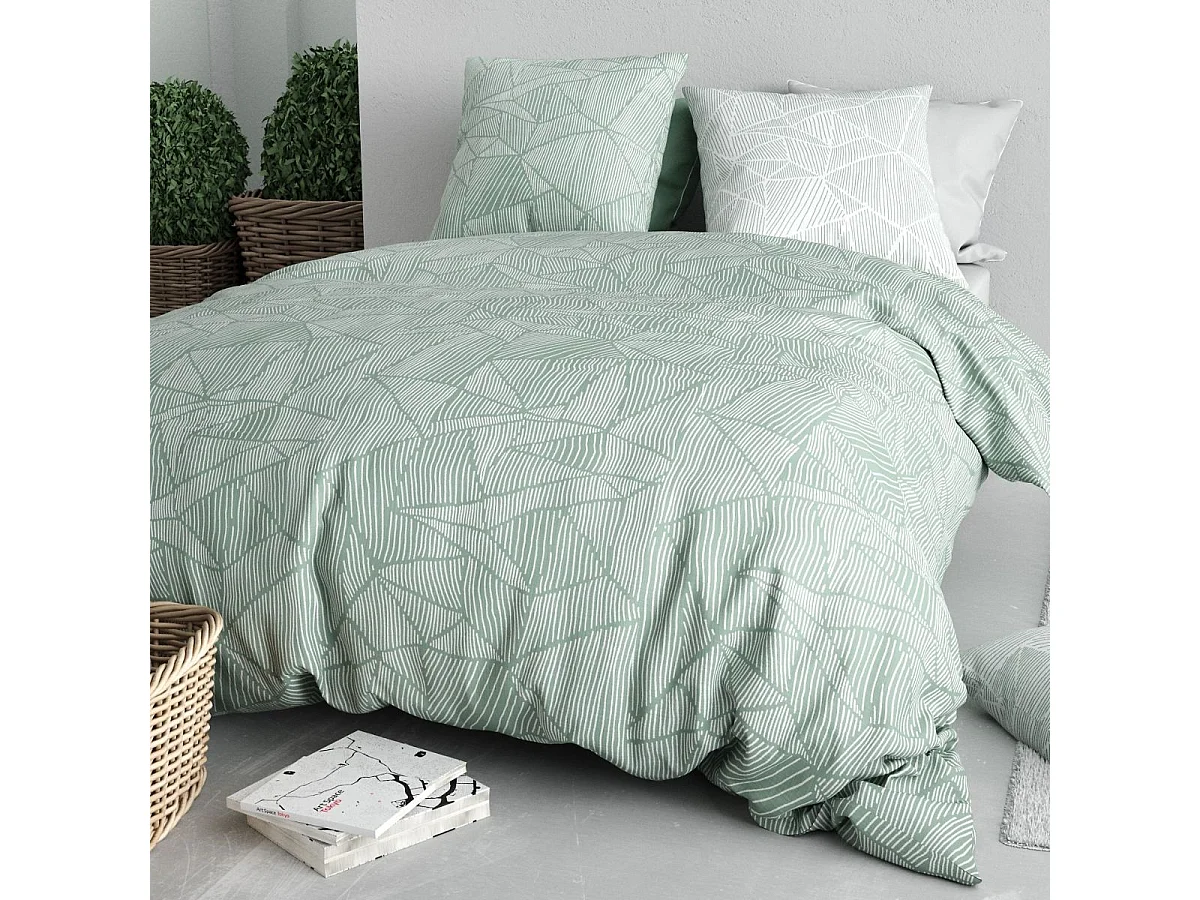 Parure housse de couette 260x240cm + 2 taies motif floral vert et blanc 100% coton - DALEY