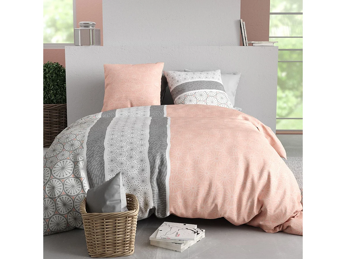 Parure housse de couette 240x220cm + 2 taies motif graphique rose et gris 100% coton - CLEOPHÉE