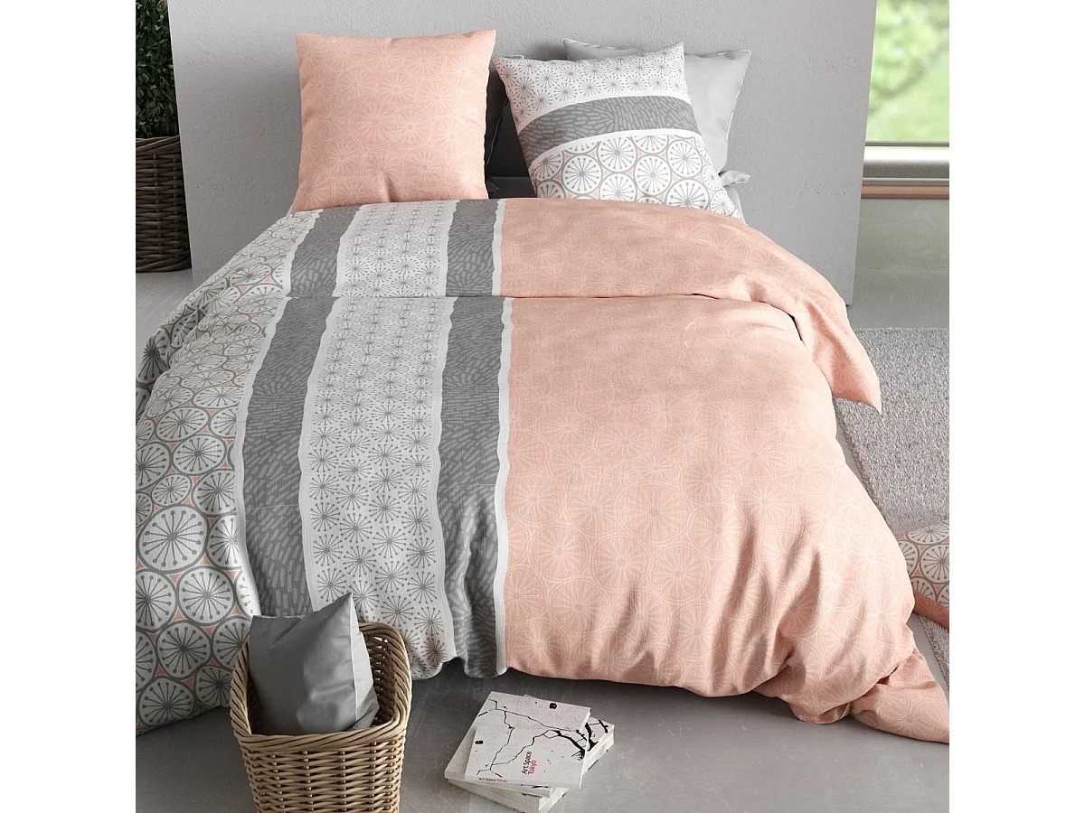Parure housse de couette 240x220cm + 2 taies motif graphique rose et gris 100% coton - CLEOPHÉE