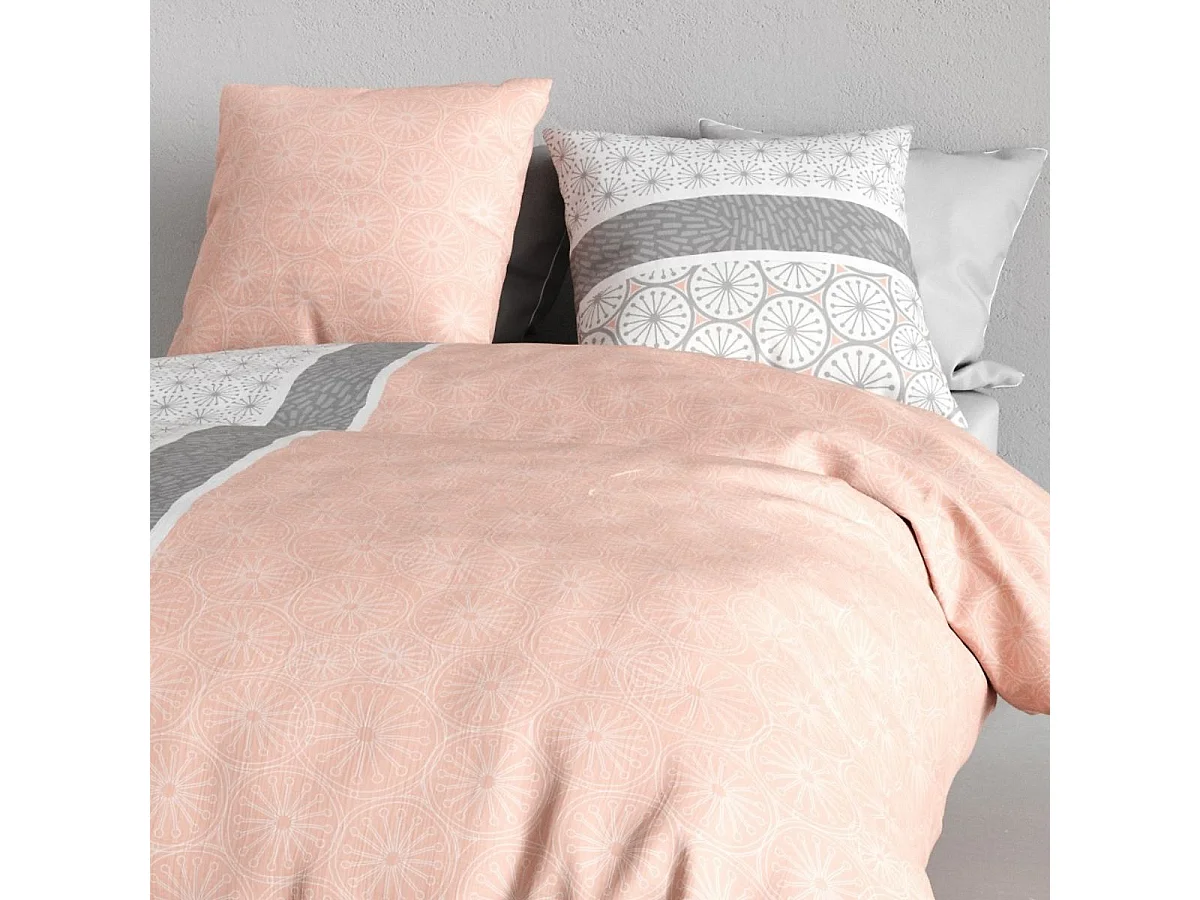 Parure housse de couette 240x220cm + 2 taies motif graphique rose et gris 100% coton - CLEOPHÉE