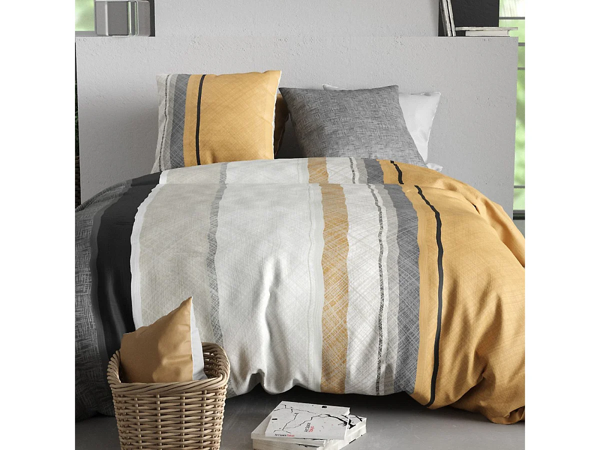 Parure housse de couette 240x220cm + 2 taies motif graphique jaune et gris 100% coton - CASSY