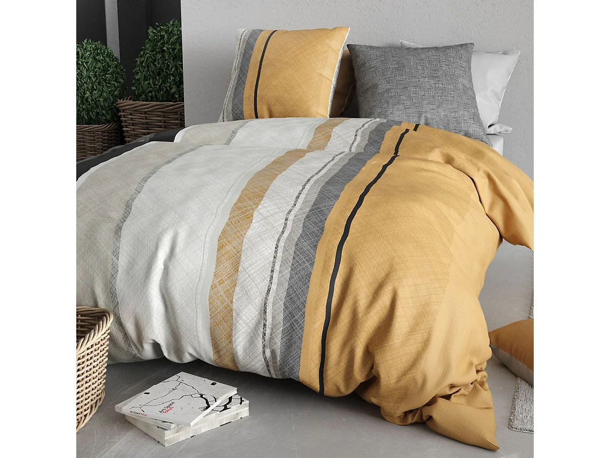 Parure housse de couette 240x220cm + 2 taies motif graphique jaune et gris 100% coton - CASSY