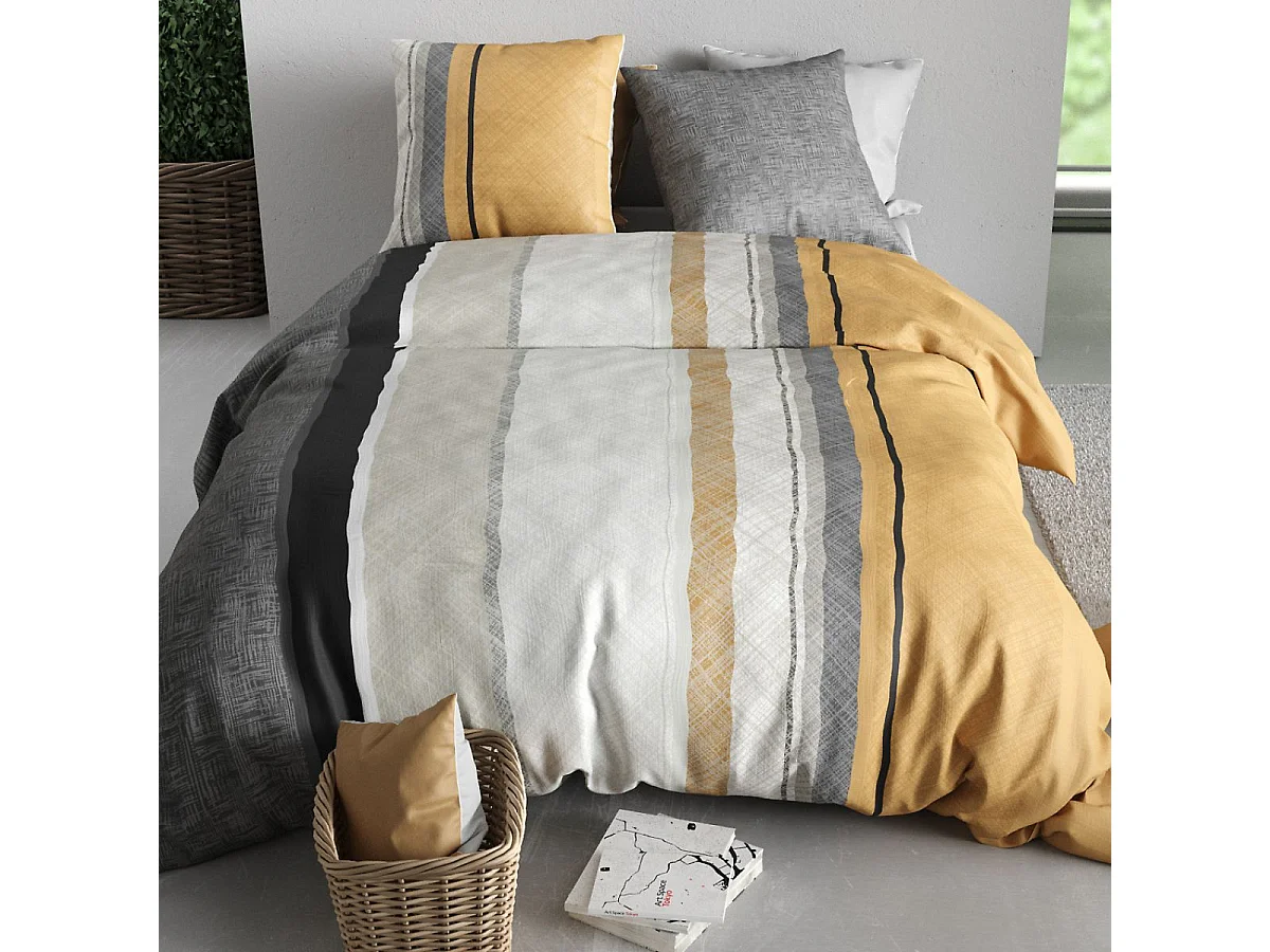 Parure housse de couette 240x220cm + 2 taies motif graphique jaune et gris 100% coton - CASSY