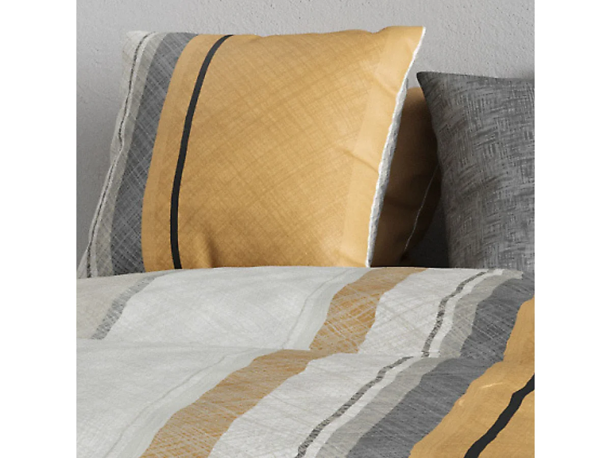 Parure housse de couette 240x220cm + 2 taies motif graphique jaune et gris 100% coton - CASSY