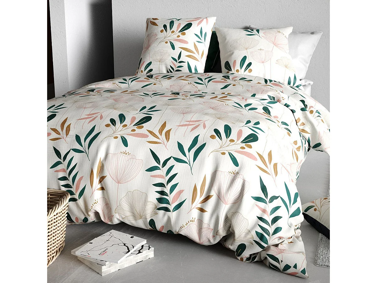 Parure housse de couette 240x220cm + 2 taies motif fleurs blanc rose et vert 100% coton - SILOE