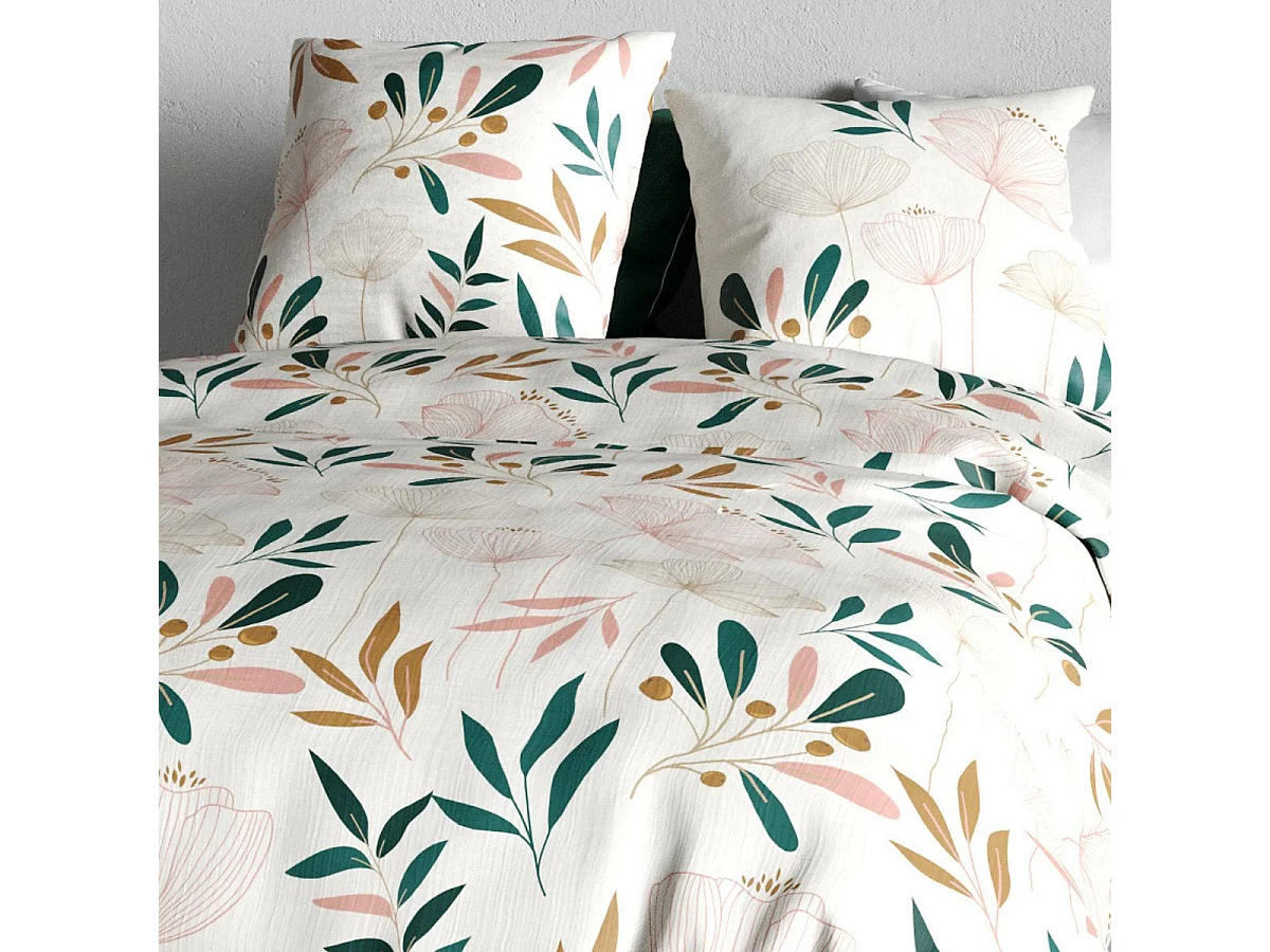 Parure housse de couette 240x220cm + 2 taies motif fleurs blanc rose et vert 100% coton - SILOE