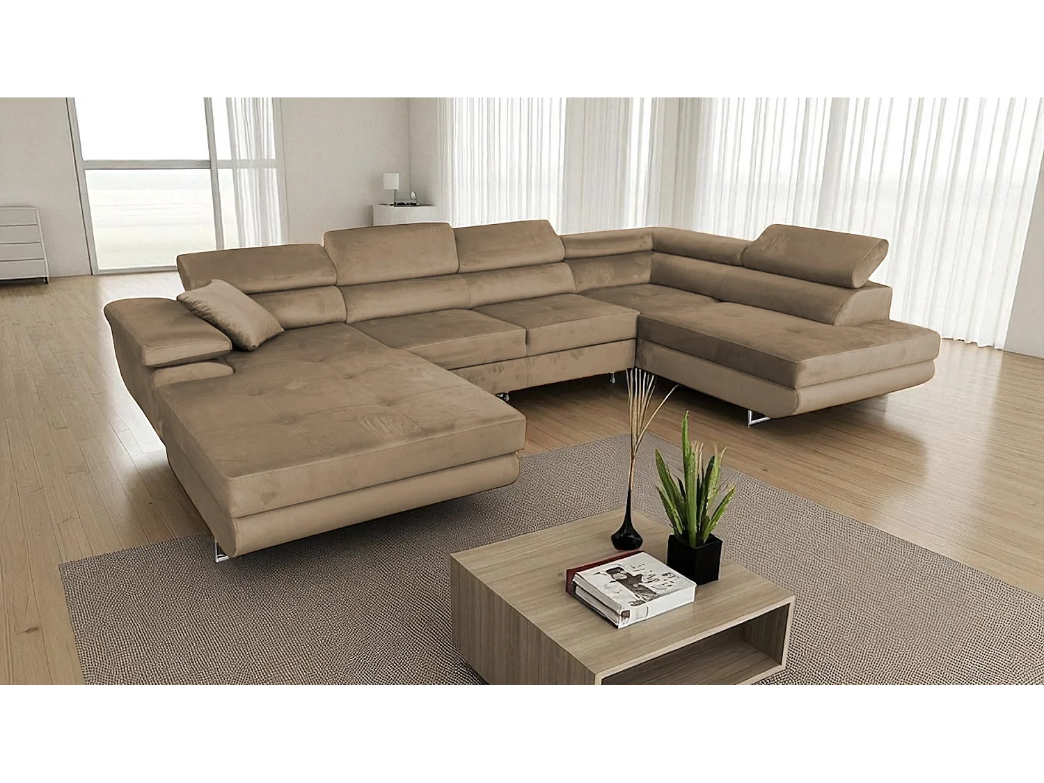 Canapé-lit moderne en forme de U en velours avec rangement - Comfortino Furniture Rodrigo en marron clair