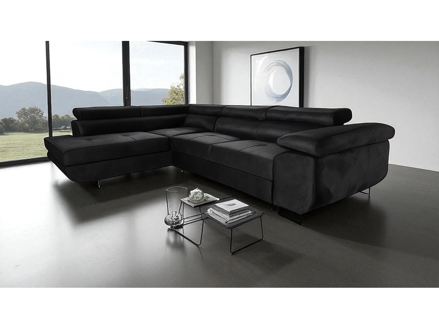Canapé-lit Comfortino Furniture NOLA en Forme de L avec Rangement - Tissu Velours 3 Places Gris Anthracite