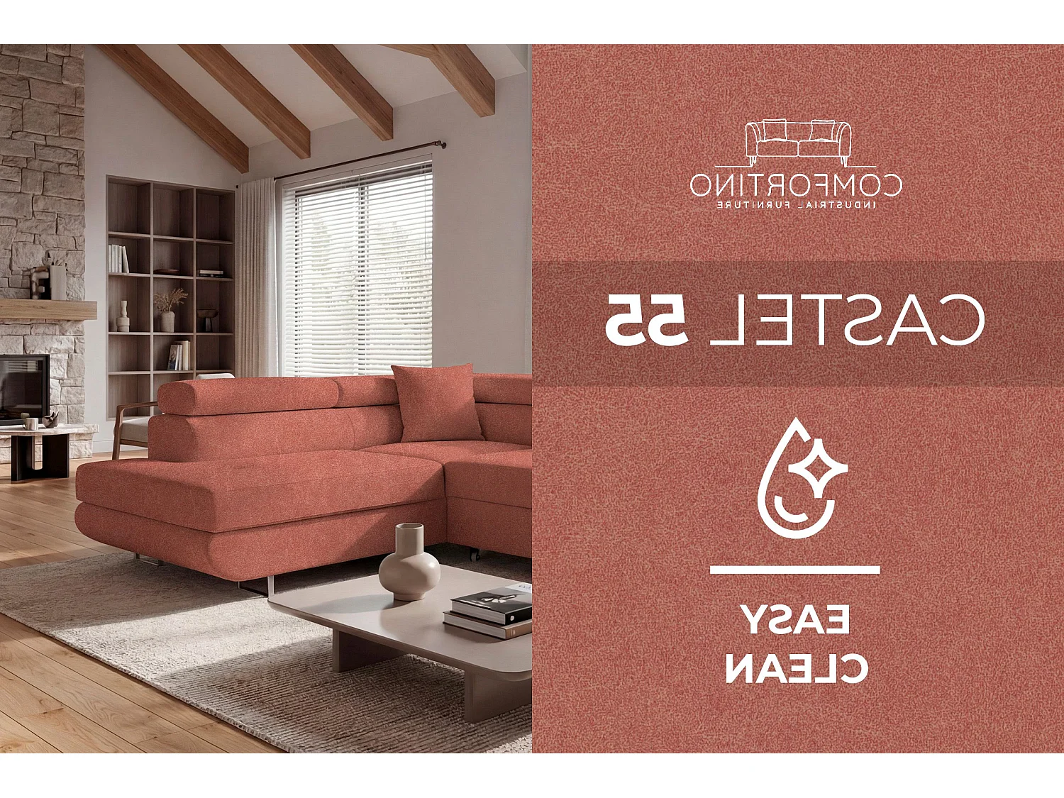 Canapé-lit Comfortino Furniture PASTI L-Form avec Rangement Velours Terracotta Design Moderne