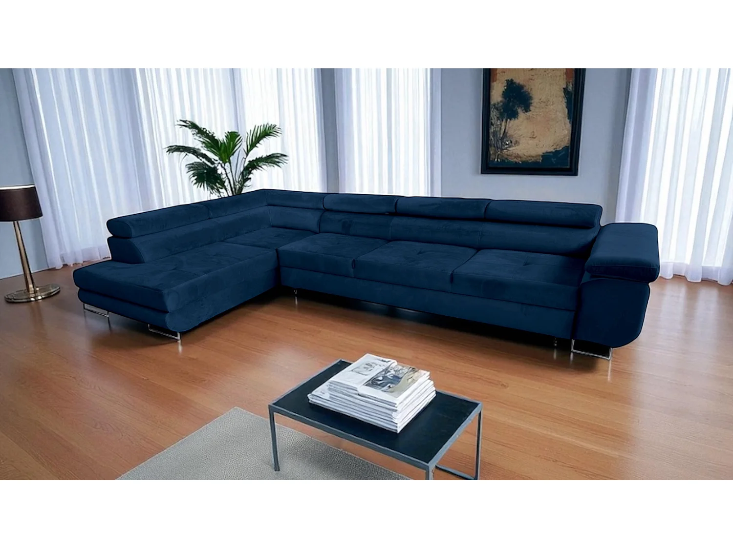 Élégant Canapé-Lit en Velours Bleu en Forme de L avec Rangement - MOBILIER COMFORTINO PASTI
