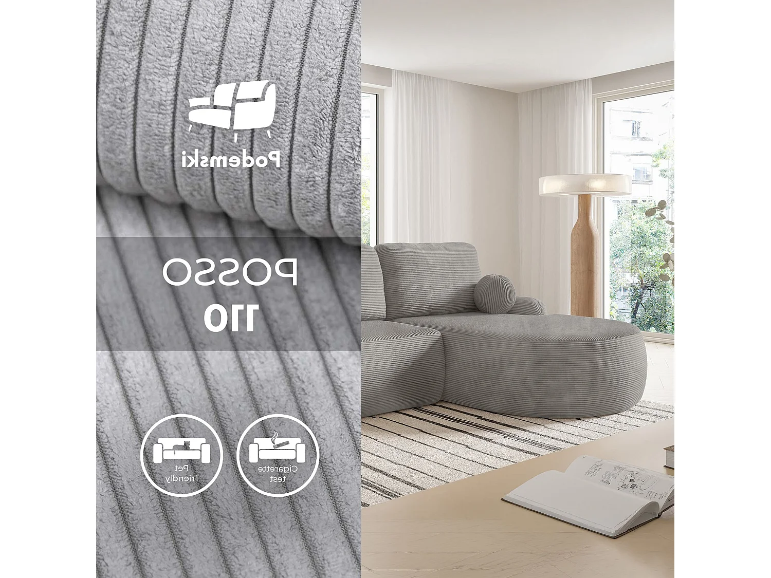 Canapé-Lit Moderne en Forme de L avec Rangement en Tissu Cord Gris Clair - MIKI
