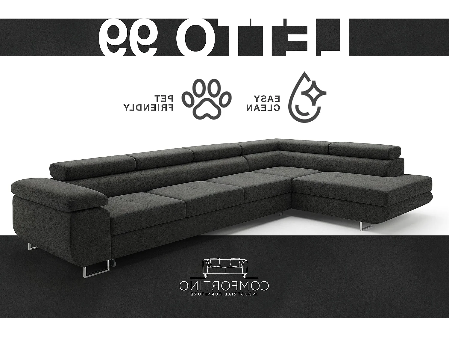 Canapé-lit moderne en forme de L gris anthracite avec rangement - PASTI XL