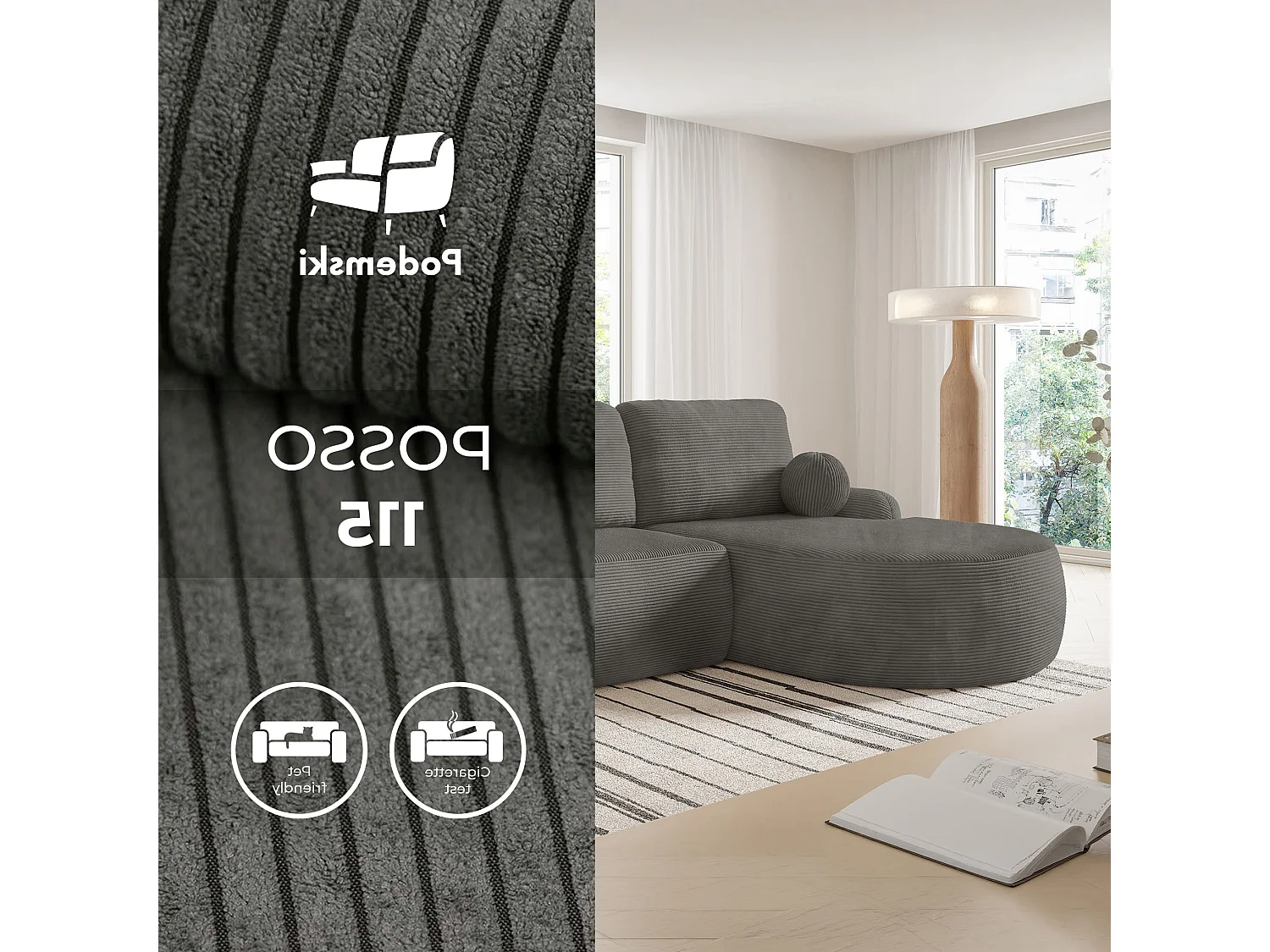 Ecksofa mit Schlaffunktion MIKI L-Form Sofa Couch mit Bettkasten Cordstoff Steingrau Rechts