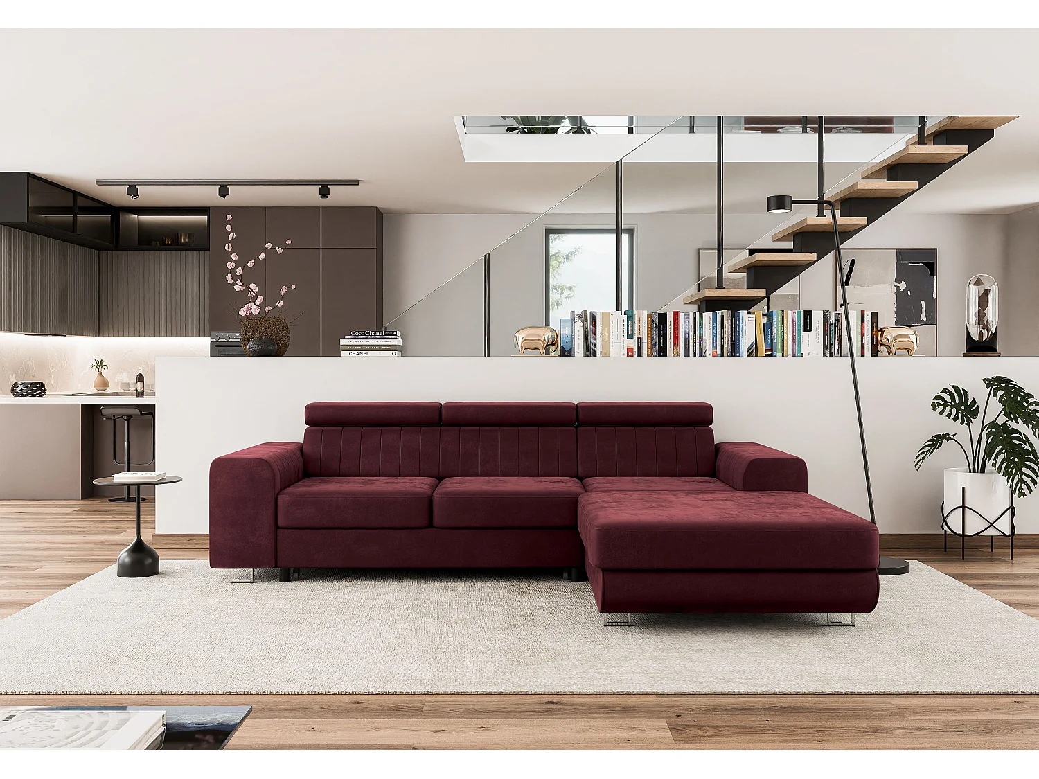 Canapé-Lit Comfortino Furniture NOTA L-Form avec Rangement Velours Rouge 3 Places Canapé d'Angle Moderne