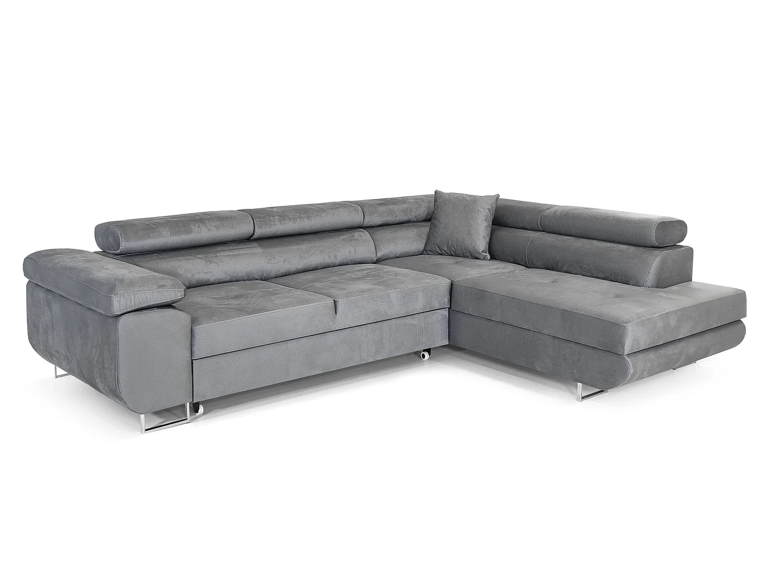Canapé-lit moderne en forme de L en velours avec rangement - Meubles Comfortino PASTI en gris clair, angle droit