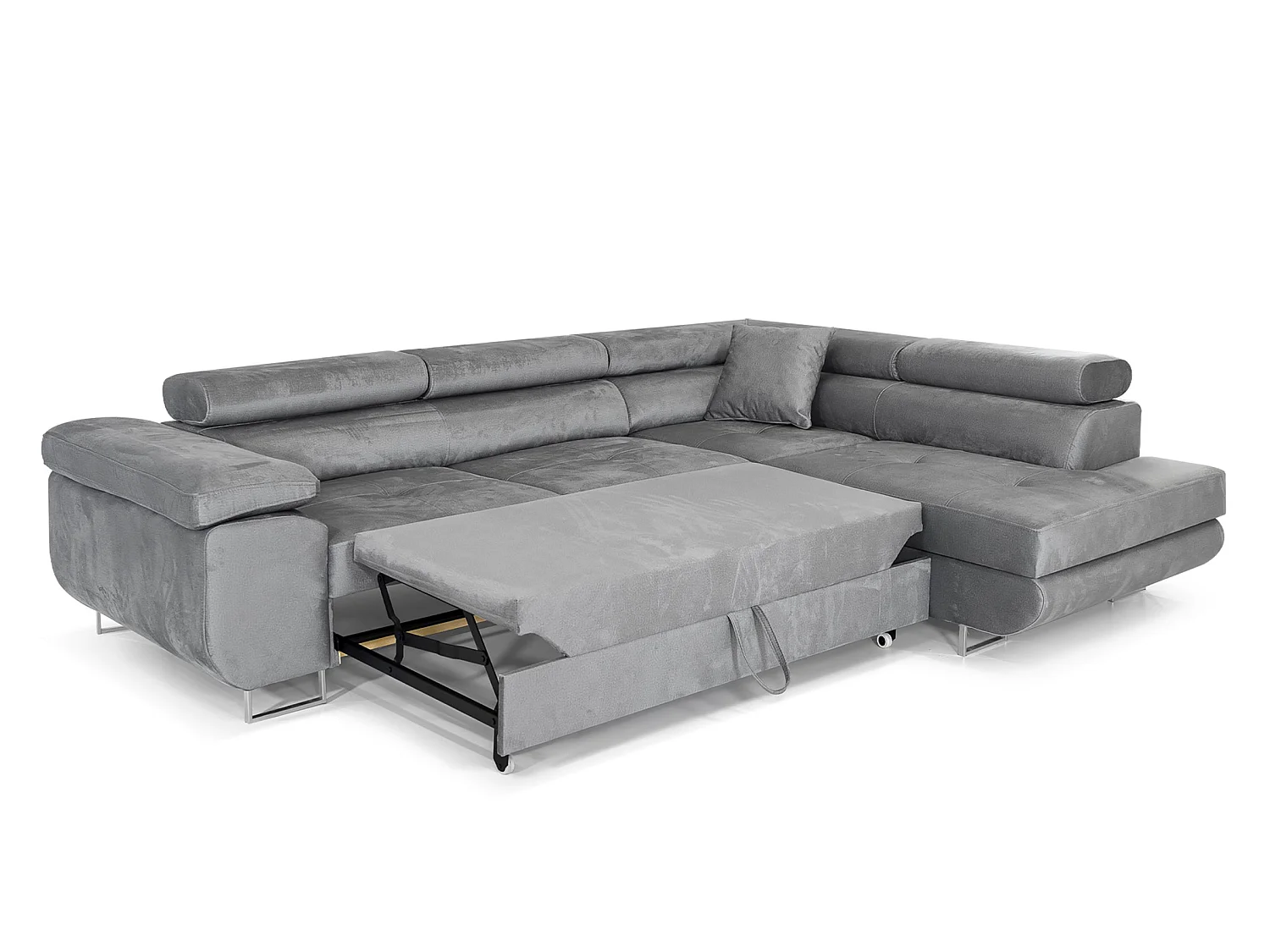 Canapé-lit moderne en forme de L en velours avec rangement - Meubles Comfortino PASTI en gris clair, angle droit