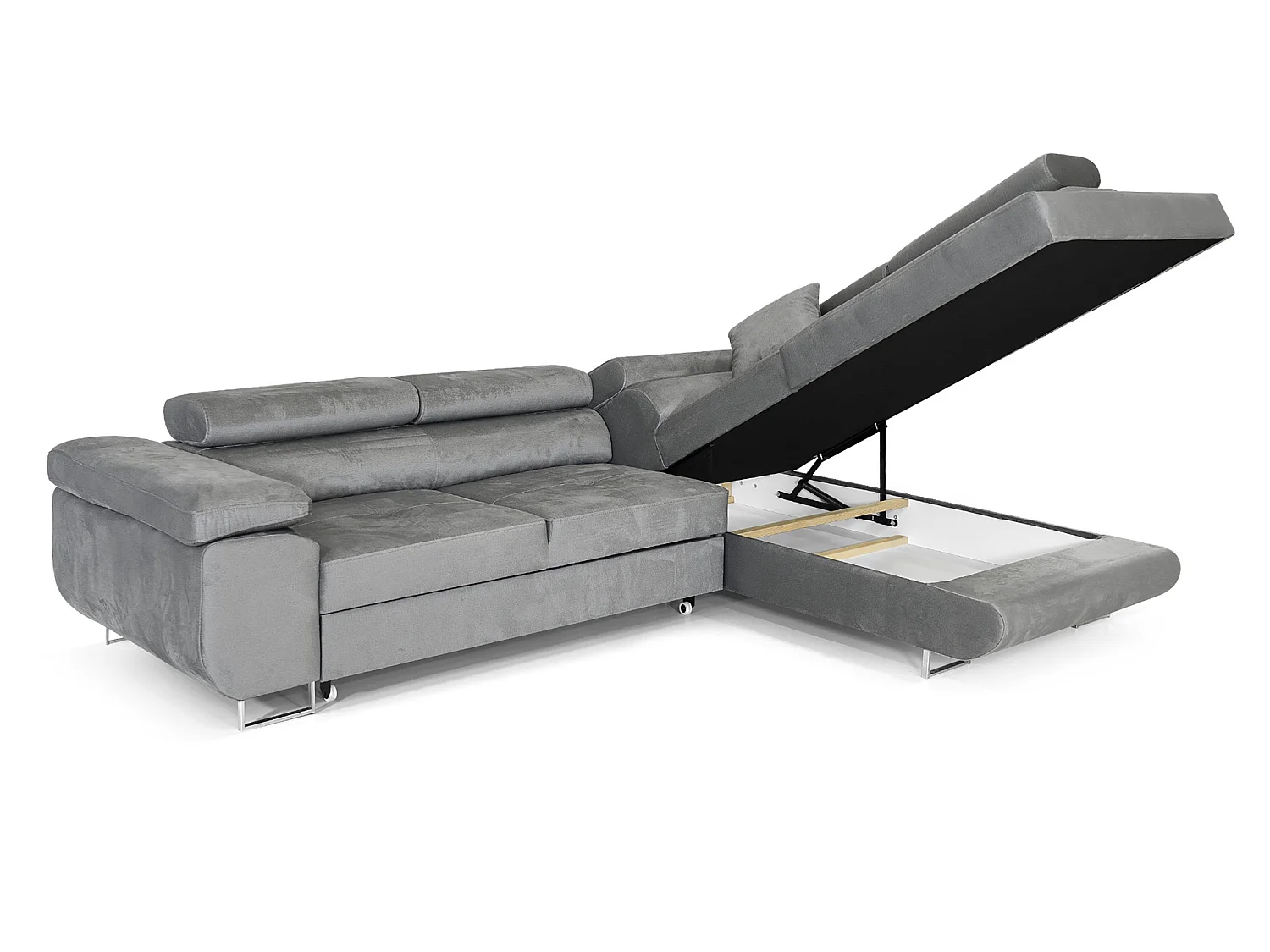 Canapé-lit moderne en forme de L en velours avec rangement - Meubles Comfortino PASTI en gris clair, angle droit