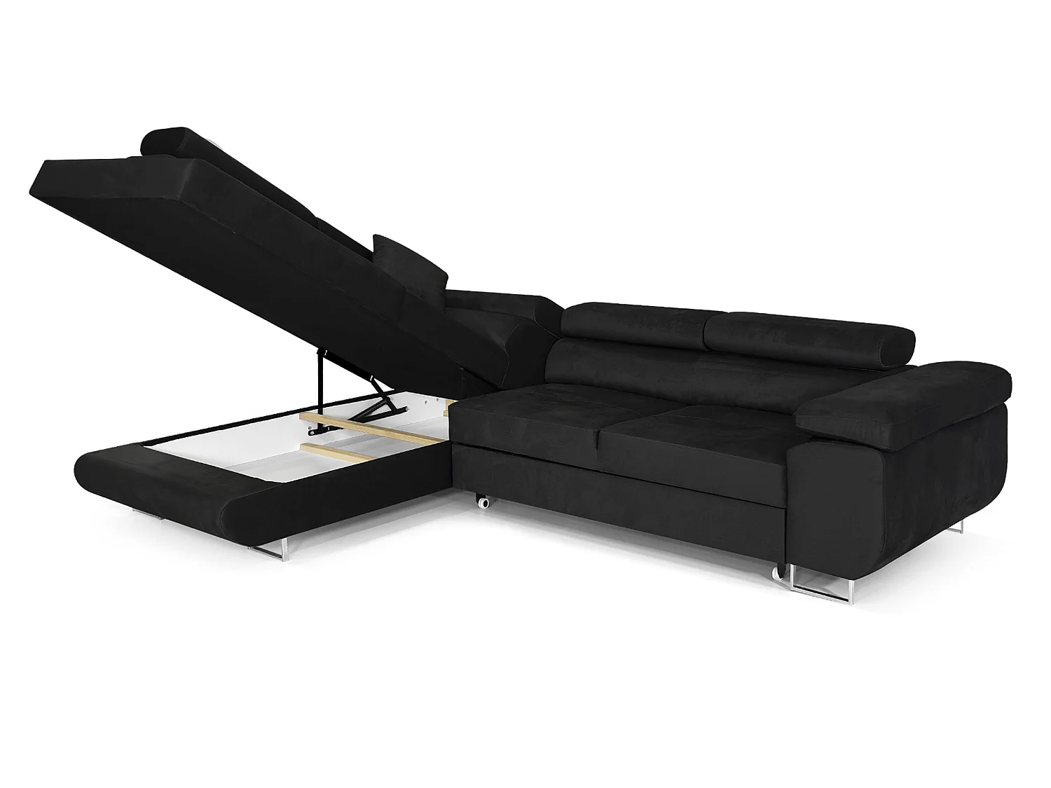 MEUBLE COMFORTINO PASTI Canapé en Forme de L Noir en Velours avec Rangement Angle Gauche Design Moderne