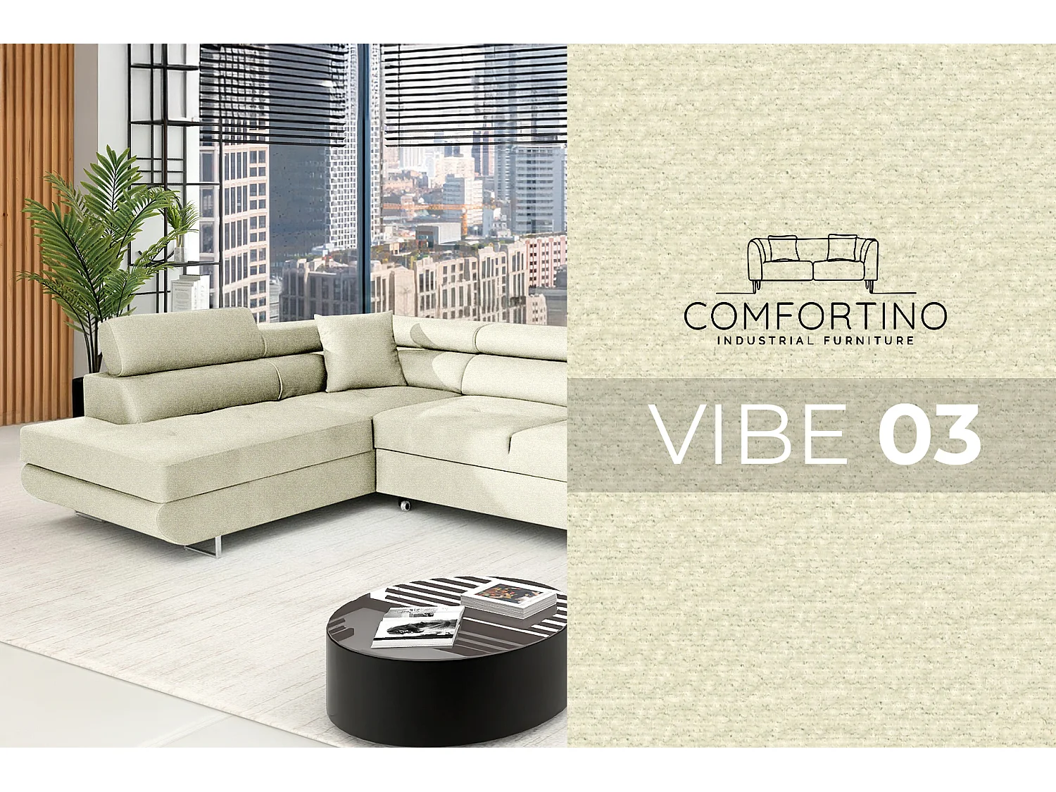 Canapé d'angle COMFORTINO FURNITURE PASTI avec Fonction de Couchage et Compartiment de Rangement Velours Crème Angle Gauche