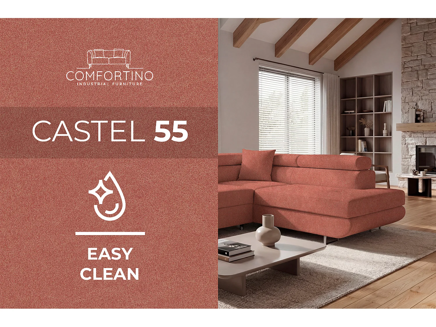 Comfortino Furniture Canapé-lit PASTI L-Form avec Rangement Velours Terracotta Design Moderne