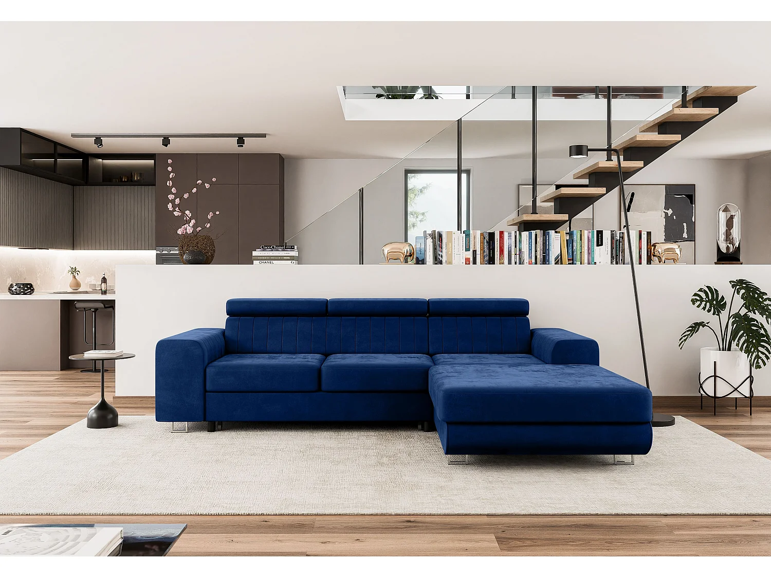 Meubles Comfortino NOTA L-Form Canapé-lit en Velours avec Rangement Bleu Foncé Angle Droit