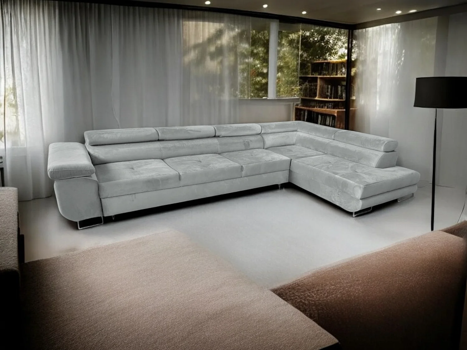 Élégant Grand Canapé-Lit PASTI U-Forme avec Rangement en Tissu Velours Crème-Beige - Design Moderne