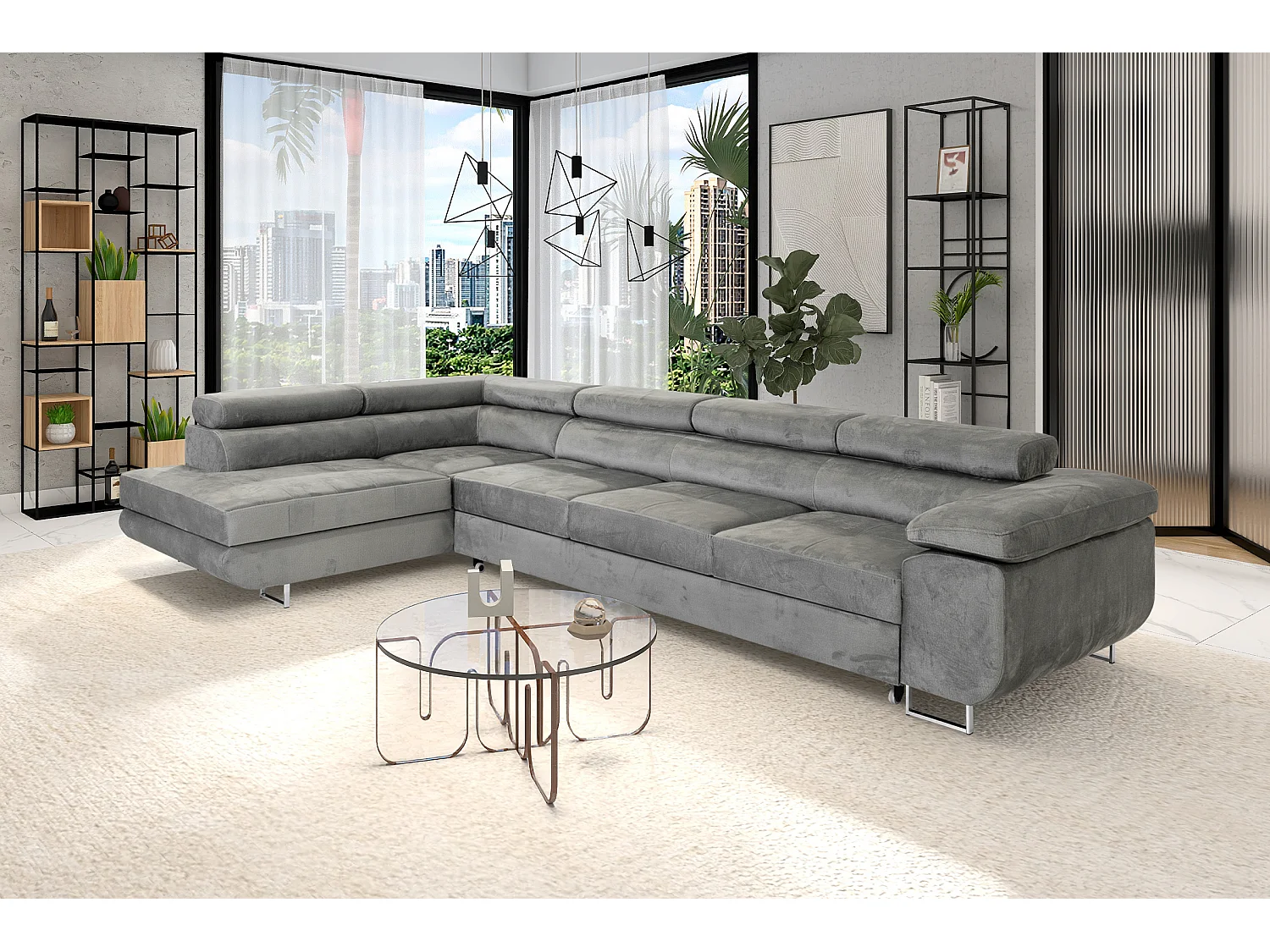 Élégant Grand Canapé-Lit PASTI U-Forme avec Rangement en Tissu Velours Crème-Beige - Design Moderne