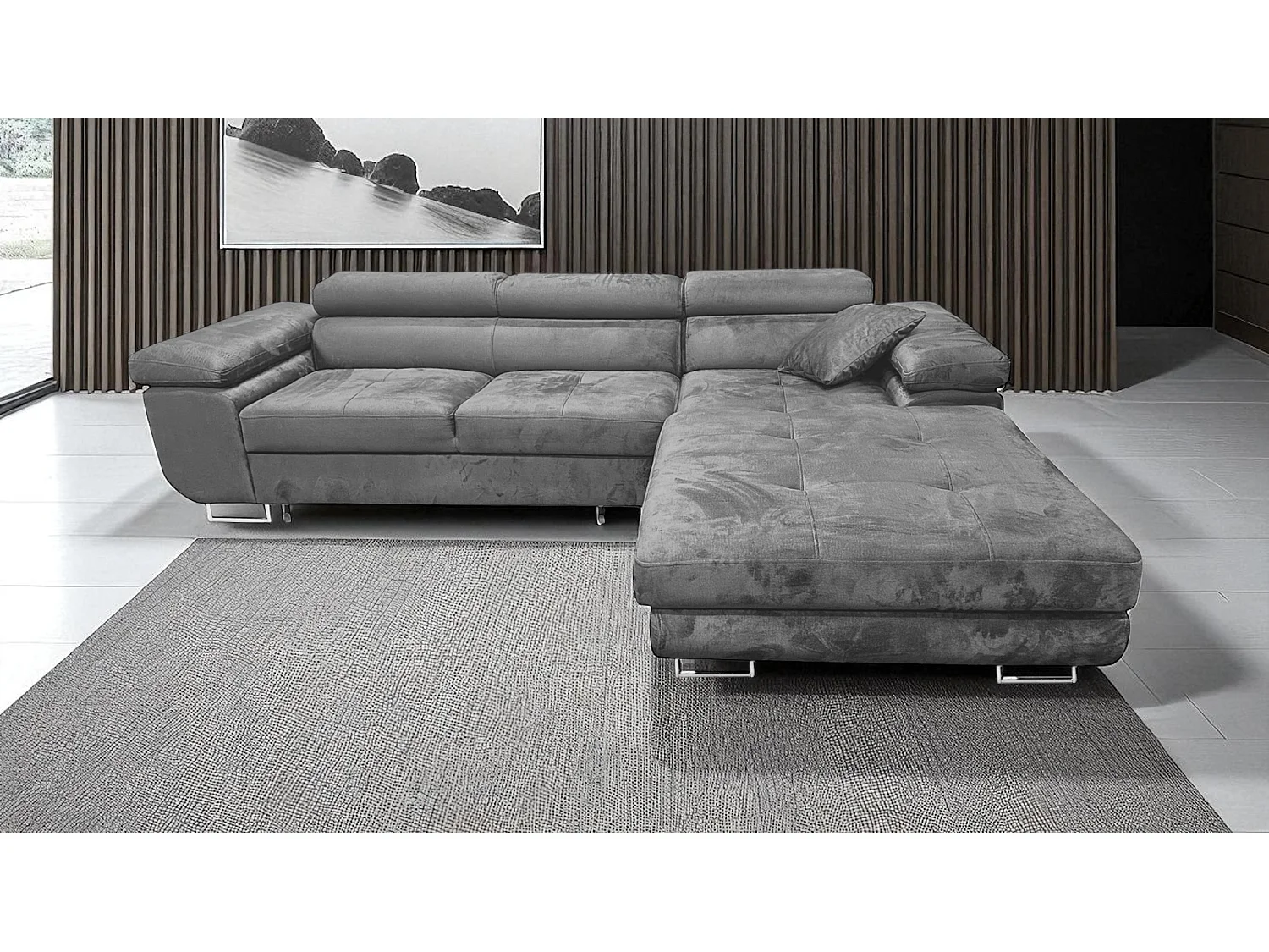 Meubles Comfortino Canapé-Lit en Forme de L Rodrigo avec Rangement Velours Gris 3 Places Design Moderne
