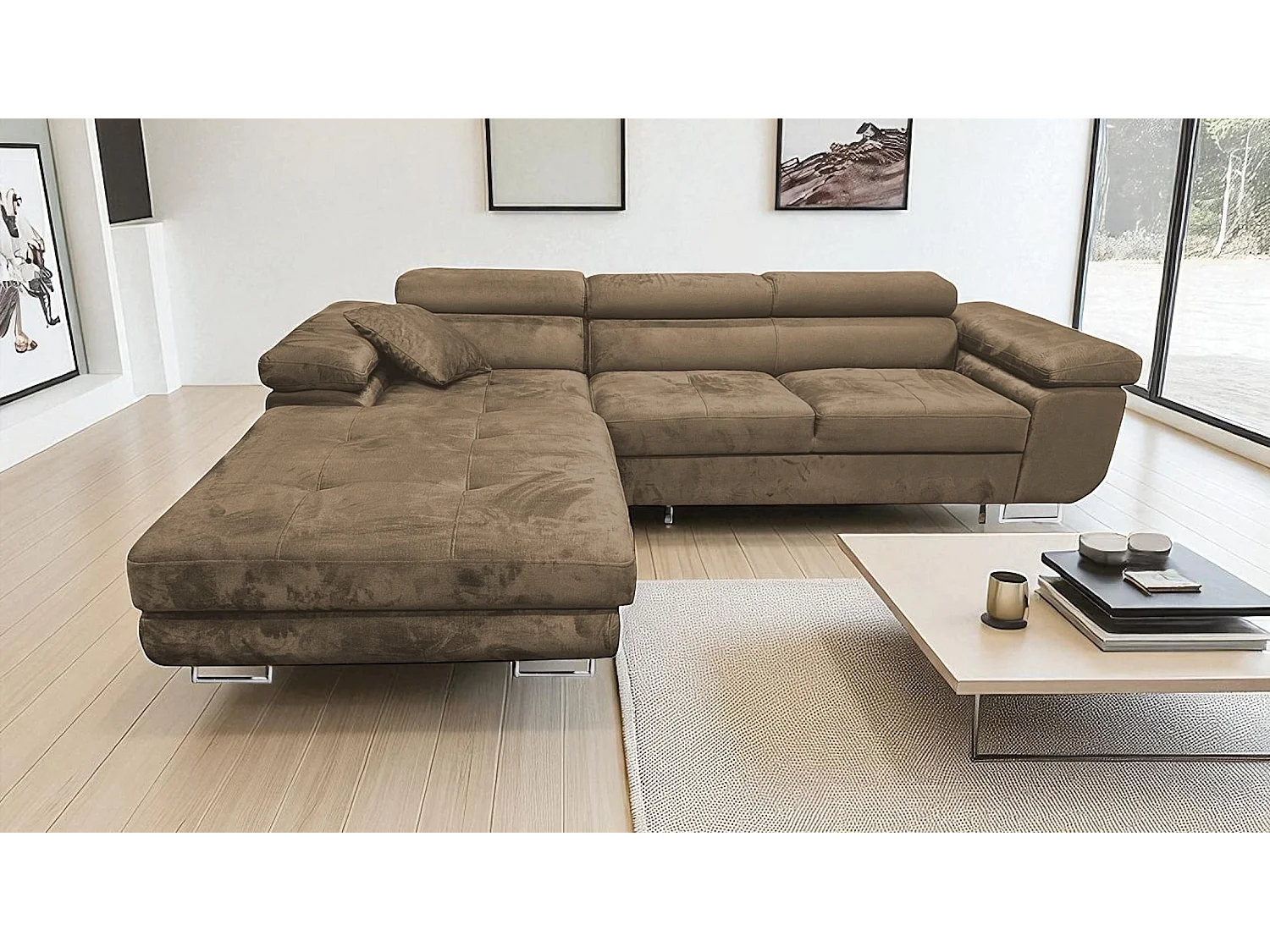 Canapé-lit en forme de L avec rangement Comfortino Furniture Rodrigo en velours marron clair - Design moderne