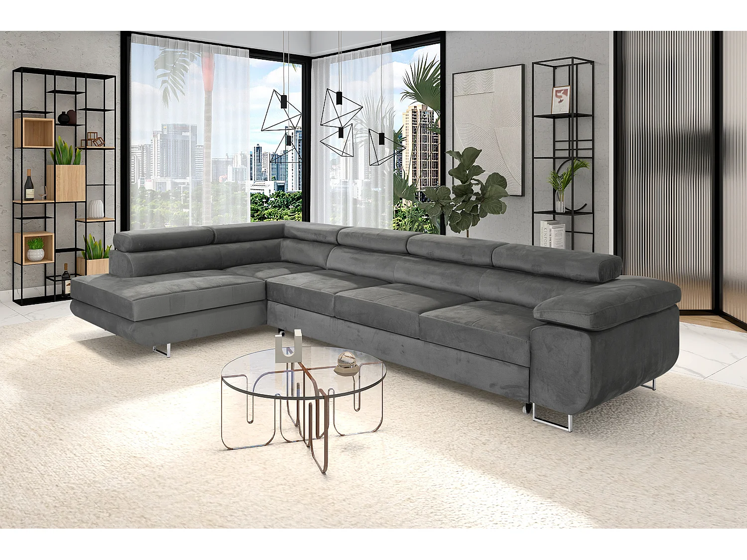 Canapé-lit moderne en forme de U avec rangement en tissu de velours taupe clair - Big PASTI