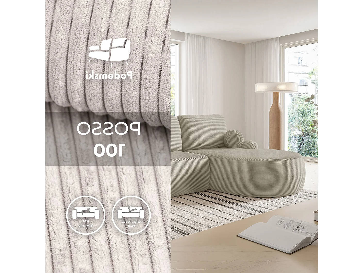 Canapé-lit moderne en forme de L avec rangement en tissu cordon beige sable - MIKI